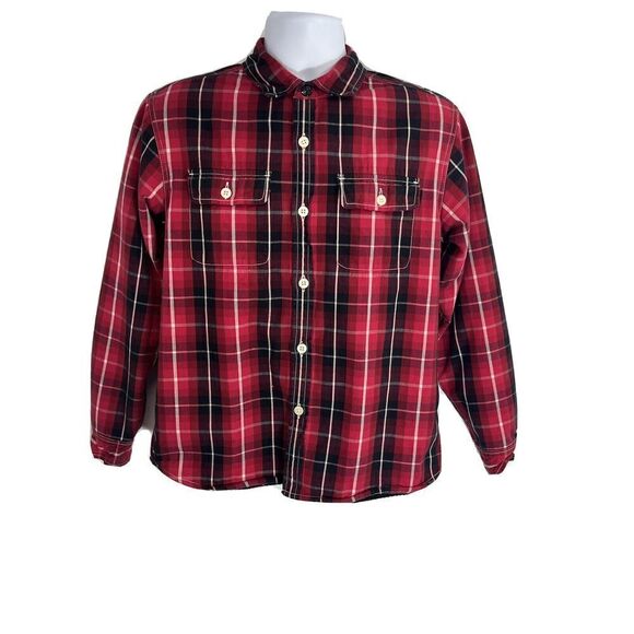 Stussy Mens Red Plaid Flannel Shirt Shacket Size Medium Button Fleece Lined - Picture 14 of 14